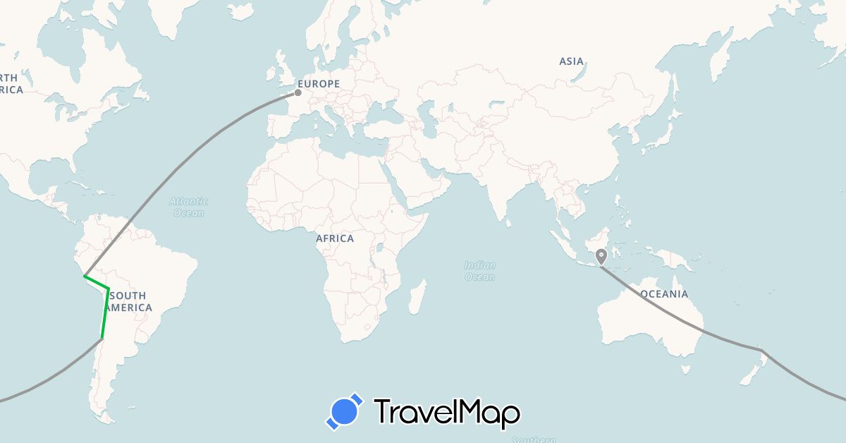 TravelMap itinerary: driving, bus, plane in Bolivia, Chile, France, Indonesia, New Zealand, Peru (Asia, Europe, Oceania, South America)